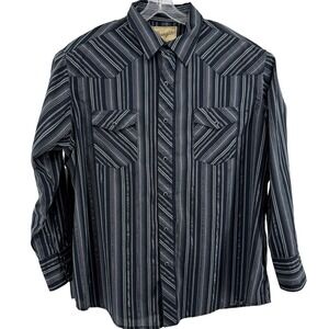 Wrangler Mens 2XL Western Snap Shirt Black Grey Striped Metallic Big Tall